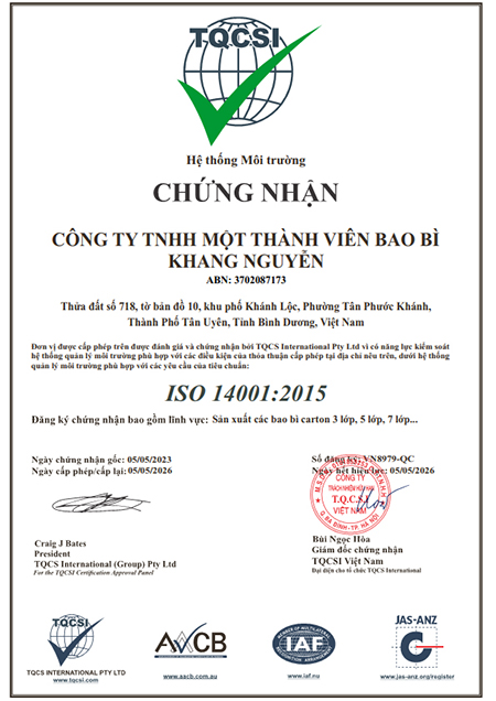 Chứng nhận - Bao Bì Khang Nguyễn - Công Ty TNHH Một Thành Viên Bao Bì Khang Nguyễn